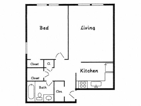 Floor plan for 1 bed, 1 bath, 575 sqft